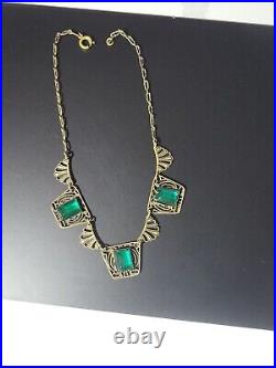 ART DECO Antique Nouveau Green Glass Vintage Brass Necklace