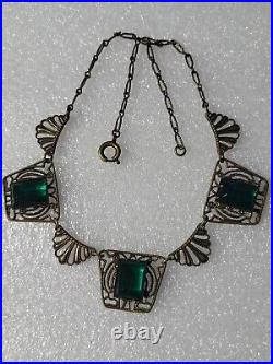 ART DECO Antique Nouveau Green Glass Vintage Brass Necklace