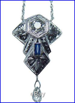 ART DECO Briolette European Diamond French Sapphire Platinum 18K Necklace
