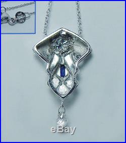 ART DECO Briolette European Diamond French Sapphire Platinum 18K Necklace