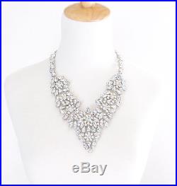 ART DECO CRYSTAL RHINESTONE Silver Floral Choker Collar Bib Statement Necklace