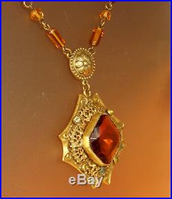 ART DECO CZECH Necklace CRYSTAL Topaz FILIGREE ROCOCO Revival GOLD Plated 1930s