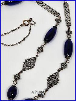 ART DECO Czech Cobalt Blue Glass Long Necklace 40 Ornate Silver Filigree VTG