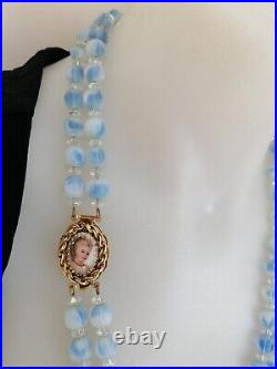 ART DECO Double Row Blue Givre Glass Wired Bead Necklace with PORTRAIT CLASP
