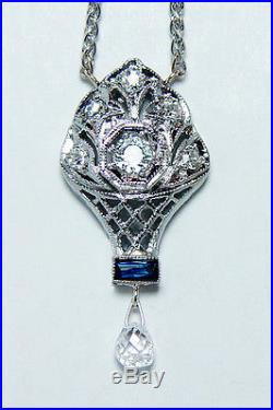 ART DECO European Diamond Briolette French Sapphire 18K White Gold Necklace