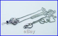 ART DECO European Diamond Briolette French Sapphire 18K White Gold Necklace