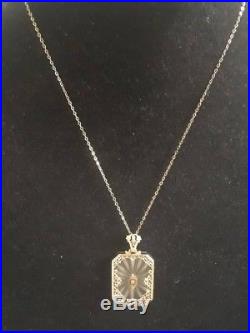 ART DECO FILIGREE Camphor Glass DIAMOND 14K White Gold Necklace 1920s