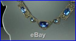 ART DECO FILIGREE Necklace 1930s BLUE SAPPHIRE Paste & Millegrain Work 16 FAB