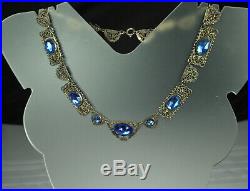 ART DECO FILIGREE Necklace 1930s BLUE SAPPHIRE Paste & Millegrain Work 16 FAB
