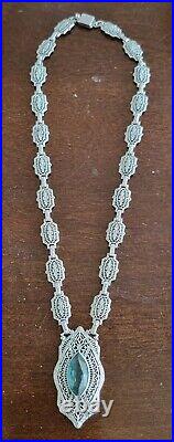 ART DECO FILIGREE Necklace 1930s PS Co Sapphire Blue Crystal Rhodium Plate FAB