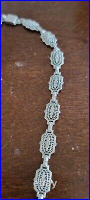 ART DECO FILIGREE Necklace 1930s PS Co Sapphire Blue Crystal Rhodium Plate FAB