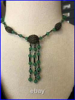 ART DECO Fringed NECKLACE with URANIUM GLASS BEADS and Caged Brass Links1920/30s