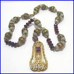 Art Deco Gold Filled Amethyst Filagree Pendant Mixed Metal Chunky Necklace