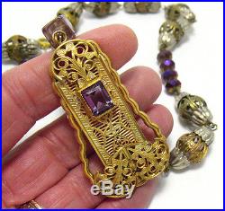 Art Deco Gold Filled Amethyst Filagree Pendant Mixed Metal Chunky Necklace