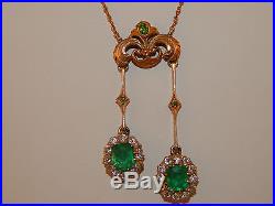 ART DECO Handmade Necklace Colombian Emerald Old Mine Cushion Cut Diamond14k