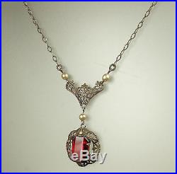ART DECO LAVALIER Necklace STERLING Silver Filigree GARNET Gem/Glass 1930s