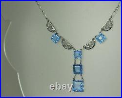 ART DECO Lavalier Necklace 1930s BLUE CRYSTAL & FILIGREE 16.5 Choker FAB