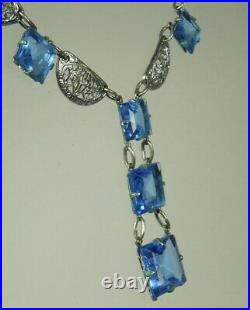 ART DECO Lavalier Necklace 1930s BLUE CRYSTAL & FILIGREE 16.5 Choker FAB