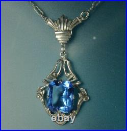 ART DECO Lavalier Necklace 1930s STERLING Silver Open BLUE CRYSTAL 19.5 So Fine