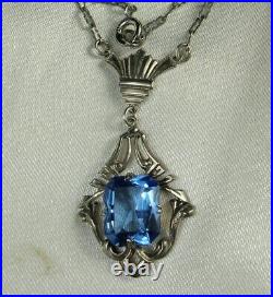 ART DECO Lavalier Necklace 1930s STERLING Silver Open BLUE CRYSTAL 19.5 So Fine