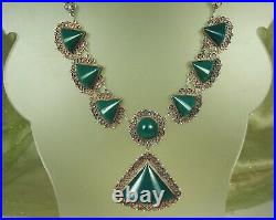 ART DECO Mexico Necklace 1930s Sterling CHRYSOPRASE Semi Cone Cabs 15-18.5 WOW