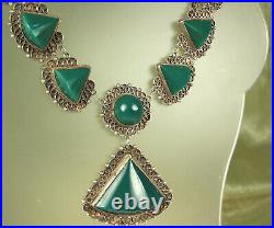 ART DECO Mexico Necklace 1930s Sterling CHRYSOPRASE Semi Cone Cabs 15-18.5 WOW