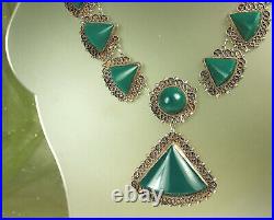 ART DECO Mexico Necklace 1930s Sterling CHRYSOPRASE Semi Cone Cabs 15-18.5 WOW