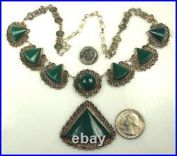 ART DECO Mexico Necklace 1930s Sterling CHRYSOPRASE Semi Cone Cabs 15-18.5 WOW