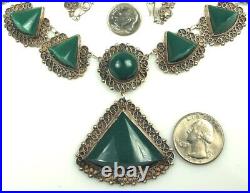 ART DECO Mexico Necklace 1930s Sterling CHRYSOPRASE Semi Cone Cabs 15-18.5 WOW