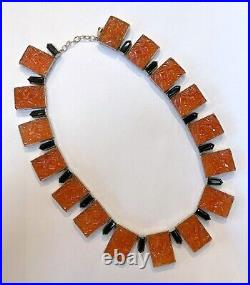 ART DECO Molded and Pierced CARNELIAN GLASS Necklace with Jet Glass Accent Stone