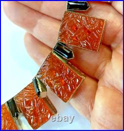 ART DECO Molded and Pierced CARNELIAN GLASS Necklace with Jet Glass Accent Stone