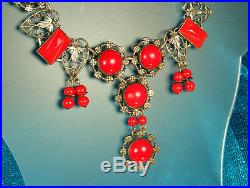 ART DECO Necklace 1930s FRINGE 19 Faceted RED CZECH GLASS Gold Plate Hearts FAB