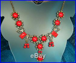 ART DECO Necklace 1930s FRINGE 19 Faceted RED CZECH GLASS Gold Plate Hearts FAB
