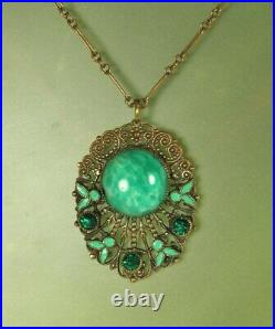 ART DECO Necklace 1930s PEKING Glass Green ENAMEL Emerald RHINESTONES 22 Fab