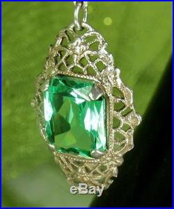 ART DECO Necklace'30s Lavalier STERLING Filigree GREEN TOURMALINE CZECH Crystal