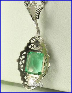 ART DECO Necklace'30s Lavalier STERLING Filigree GREEN TOURMALINE CZECH Crystal