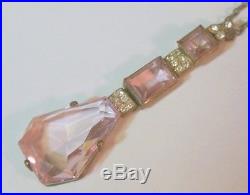 ART DECO PINK Cut Faceted Crystal Lavalier Pendant Necklace Hollywood Glam