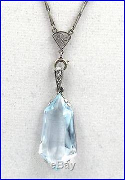 Art Deco Platinum Diamond Long Chain Necklace 15ct Aquamarine Pendant