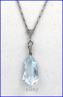 Art Deco Platinum Diamond Long Chain Necklace 15ct Aquamarine Pendant