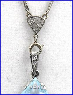 Art Deco Platinum Diamond Long Chain Necklace 15ct Aquamarine Pendant