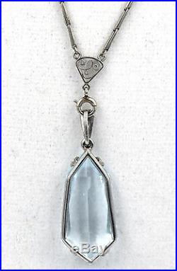 Art Deco Platinum Diamond Long Chain Necklace 15ct Aquamarine Pendant