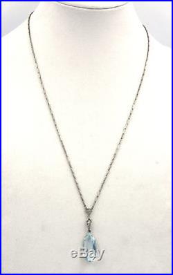 Art Deco Platinum Diamond Long Chain Necklace 15ct Aquamarine Pendant