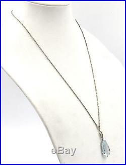 Art Deco Platinum Diamond Long Chain Necklace 15ct Aquamarine Pendant