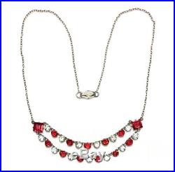 ART DECO RED WHITE CRYSTAL RHINESTONE 925 Sterling Silver Vtg Pendant Necklace