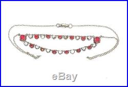 ART DECO RED WHITE CRYSTAL RHINESTONE 925 Sterling Silver Vtg Pendant Necklace