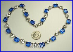 ART DECO RIVIERE Necklace 1930s Sapphire Blue & Clear OPEN Crystals Rhodium FAB