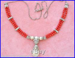 ART DECO STYLE 3+ctw DIAMOND 12mm SOUTH SEA PEARL CORAL BEADS PLATINUM NECKLACE