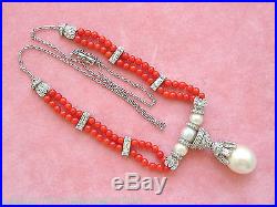 ART DECO STYLE 3+ctw DIAMOND 12mm SOUTH SEA PEARL CORAL BEADS PLATINUM NECKLACE