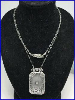 ART DECO White Gold Filled Lavaliere Camphor Glass Pendant 17.5 Necklace