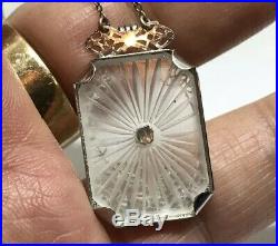 ART DECO White Gold Filled Lavaliere Camphor Glass Pendant 17.5 Necklace